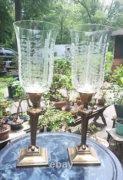 Pair Antique Monumental Hurricane Etched Glass Brass Candlestick