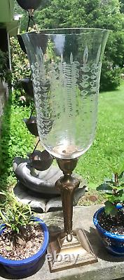 Pair Antique Monumental Hurricane Etched Glass Brass Candlestick