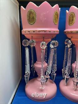 Pair Antique Pink Hand Painted Mantle Lusters Lustre with Cut Glass Prisms