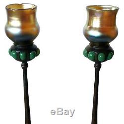 Pair Antique Tiffany Studios Bronze Favrile Glass Shade 1200 Root Candlesticks c