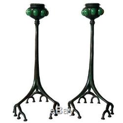 Pair Antique Tiffany Studios Bronze Favrile Glass Shade 1200 Root Candlesticks c