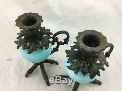 Pair Antique Victorian Chickens Foot Cast Iron Blue Glass Candle Chamber Sticks