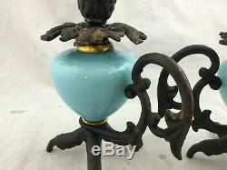Pair Antique Victorian Chickens Foot Cast Iron Blue Glass Candle Chamber Sticks
