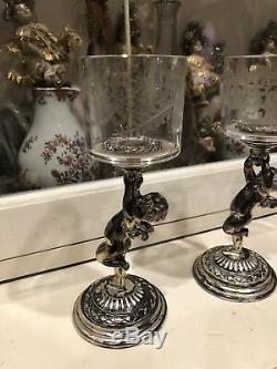 Pair Antique Winged Cherub Silverplate & Cut Glass Pairpoint Candle Holders