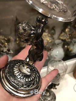 Pair Antique Winged Cherub Silverplate & Cut Glass Pairpoint Candle Holders