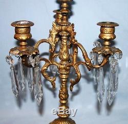 Pair Antique or Vintage Gilded Candelabras Crystal Prisms (French)