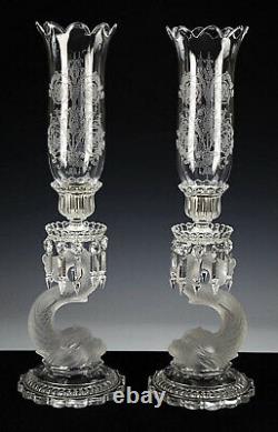 Pair Baccarat crystal Dauphine hurricane lamp candle holder candlestick drip bow