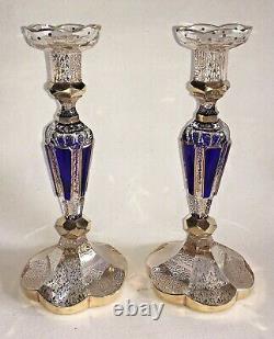 Pair Bohemian Czech Blue Cabochon Moser Glass Candlesticks (2)