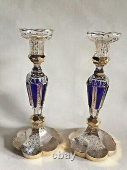 Pair Bohemian Czech Blue Cabochon Moser Glass Candlesticks (2)