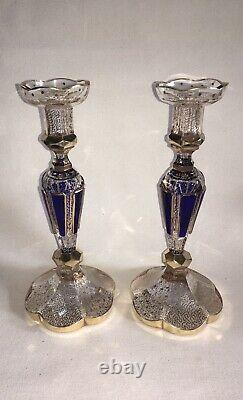 Pair Bohemian Czech Blue Cabochon Moser Glass Candlesticks (2)