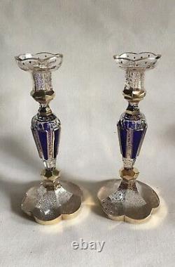 Pair Bohemian Czech Blue Cabochon Moser Glass Candlesticks (2)