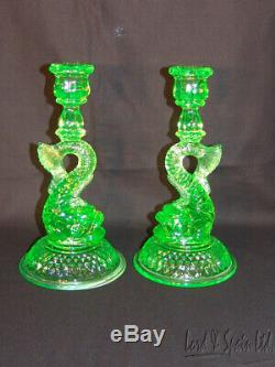 Pair Cambridge Vaseline Emerald Green 9 1/2 Dolphin Candle Holders-#109