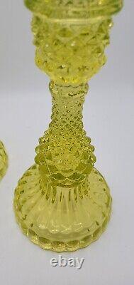 Pair Co-operative Flint Glass Co EAPG Canary Vaseline Candlestick Holders