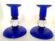 Pair Cobalt Blue Blown Glass Candle Holders, Clear Ball Controlled Bubbles