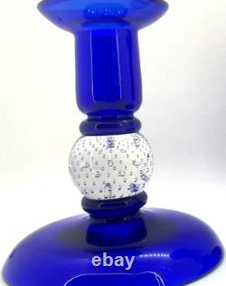 Pair Cobalt Blue Blown Glass Candle Holders, Clear Ball Controlled Bubbles