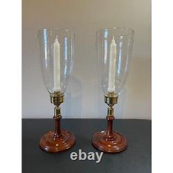 Pair Colonial Williamsburg CW16-80 Mahogany Candleholders Glass Hurricane Globes