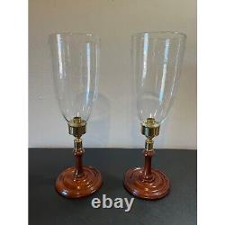 Pair Colonial Williamsburg CW16-80 Mahogany Candleholders Glass Hurricane Globes