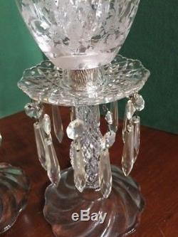 Pair Crystal Candlesticks Etched Globes Prisms 15 Tall