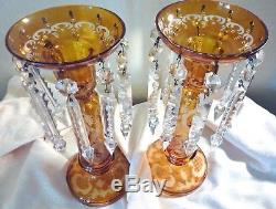 Pair Egermann Bohemian Glass Amber Mantle Lusters Candle Holders Antique Lustres