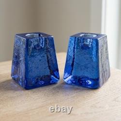 Pair Fire and Light Cobalt Blue Recycled Glass Taper Candle Holders Signed 2.5