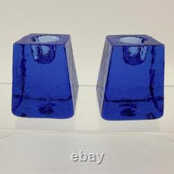 Pair Fire and Light Cobalt Blue Recycled Glass Taper Candle Holders Signed 2.5