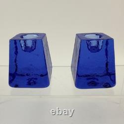Pair Fire and Light Cobalt Blue Recycled Glass Taper Candle Holders Signed 2.5 Pair Fire and Light Cobalt Blue Recycled Glass Taper Candle Holders Signed 2.5