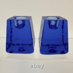Pair Fire and Light Cobalt Blue Recycled Glass Taper Candle Holders Signed 2.5