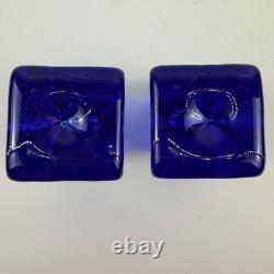 Pair Fire and Light Cobalt Blue Recycled Glass Taper Candle Holders Signed 2.5