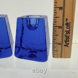 Pair Fire and Light Cobalt Blue Recycled Glass Taper Candle Holders Signed 2.5