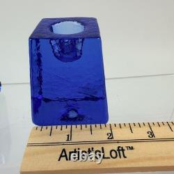 Pair Fire and Light Cobalt Blue Recycled Glass Taper Candle Holders Signed 2.5