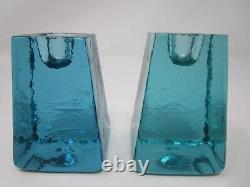 Pair Fire and Light Recycled Art Glass Candle Holders Aqua Green 3.25 Signed