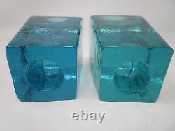 Pair Fire and Light Recycled Art Glass Candle Holders Aqua Green 3.25 Signed
