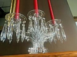 Pair Fostoria Glass 2484 Plum Feather Bobeche & Prisms Three Light Candlesticks