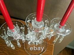Pair Fostoria Glass 2484 Plum Feather Bobeche & Prisms Three Light Candlesticks