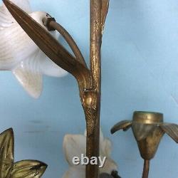 Pair Gilt Brass 5 Candle Candelabra Milk Glass Flowers, Bronze Stamins 22 1/2 T