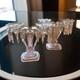 Pair Glass Lyre Harp 2 Light Candelabra Bobeche Crystal 32 Prisms Candle Holders