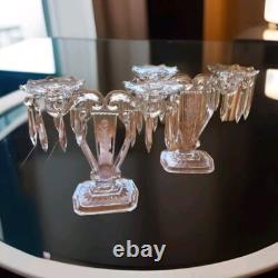 Pair Glass Lyre Harp 2 Light Candelabra Bobeche Crystal 32 Prisms Candle Holders