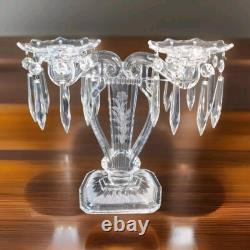 Pair Glass Lyre Harp 2 Light Candelabra Bobeche Crystal 32 Prisms Candle Holders
