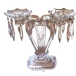 Pair Glass Lyre Harp 2 Light Candelabra Bobeche Crystal 32 Prisms Candle Holders