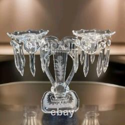 Pair Glass Lyre Harp 2 Light Candelabra Bobeche Crystal 32 Prisms Candle Holders