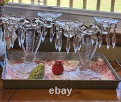 Pair Glass Lyre Harp 2 Light Candelabra Bobeche Crystal 32 Prisms Candle Holders