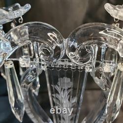 Pair Glass Lyre Harp 2 Light Candelabra Bobeche Crystal 32 Prisms Candle Holders