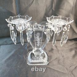 Pair Glass Lyre Harp 2 Light Candelabra Bobeche Crystal 32 Prisms Candle Holders