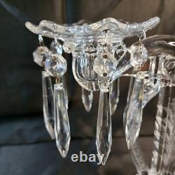 Pair Glass Lyre Harp 2 Light Candelabra Bobeche Crystal 32 Prisms Candle Holders
