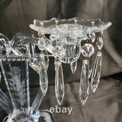 Pair Glass Lyre Harp 2 Light Candelabra Bobeche Crystal 32 Prisms Candle Holders