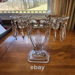 Pair Glass Lyre Harp 2 Light Candelabra Bobeche Crystal 32 Prisms Candle Holders