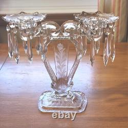 Pair Glass Lyre Harp 2 Light Candelabra Bobeche Crystal 32 Prisms Candle Holders