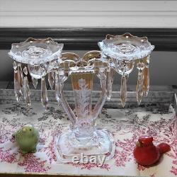 Pair Glass Lyre Harp 2 Light Candelabra Bobeche Crystal 32 Prisms Candle Holders