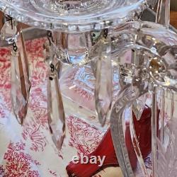 Pair Glass Lyre Harp 2 Light Candelabra Bobeche Crystal 32 Prisms Candle Holders