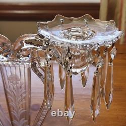 Pair Glass Lyre Harp 2 Light Candelabra Bobeche Crystal 32 Prisms Candle Holders